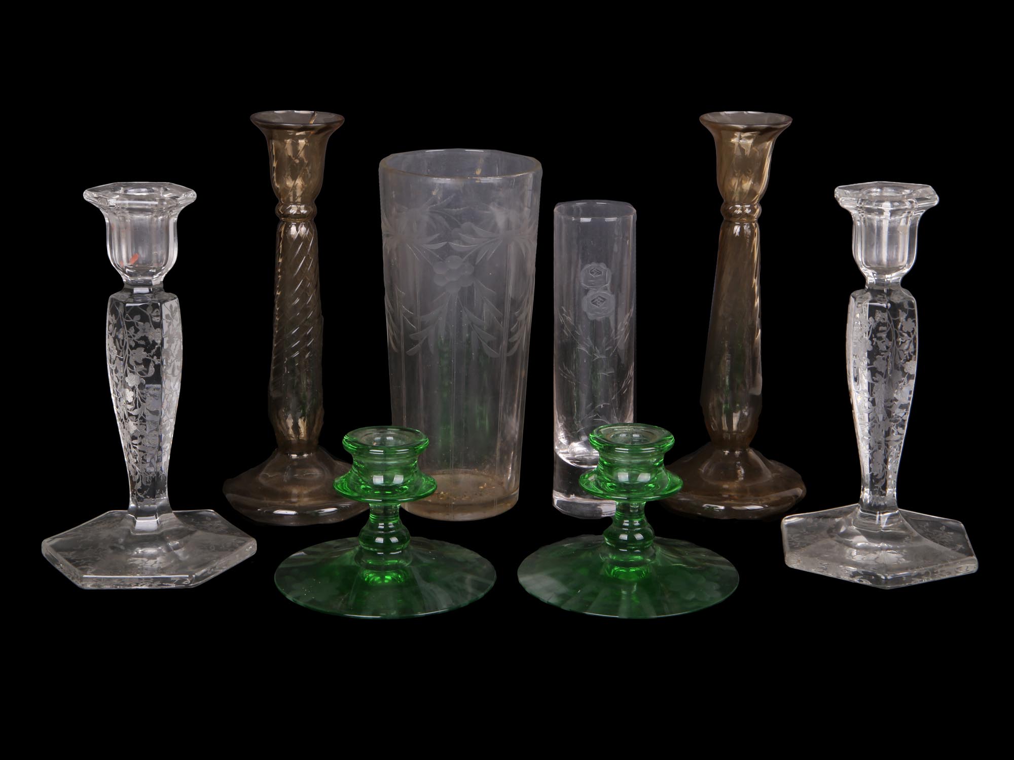 GROUP OF EIGHT CRYSTAL GLASS CANDLE STICKS VASES PIC-0